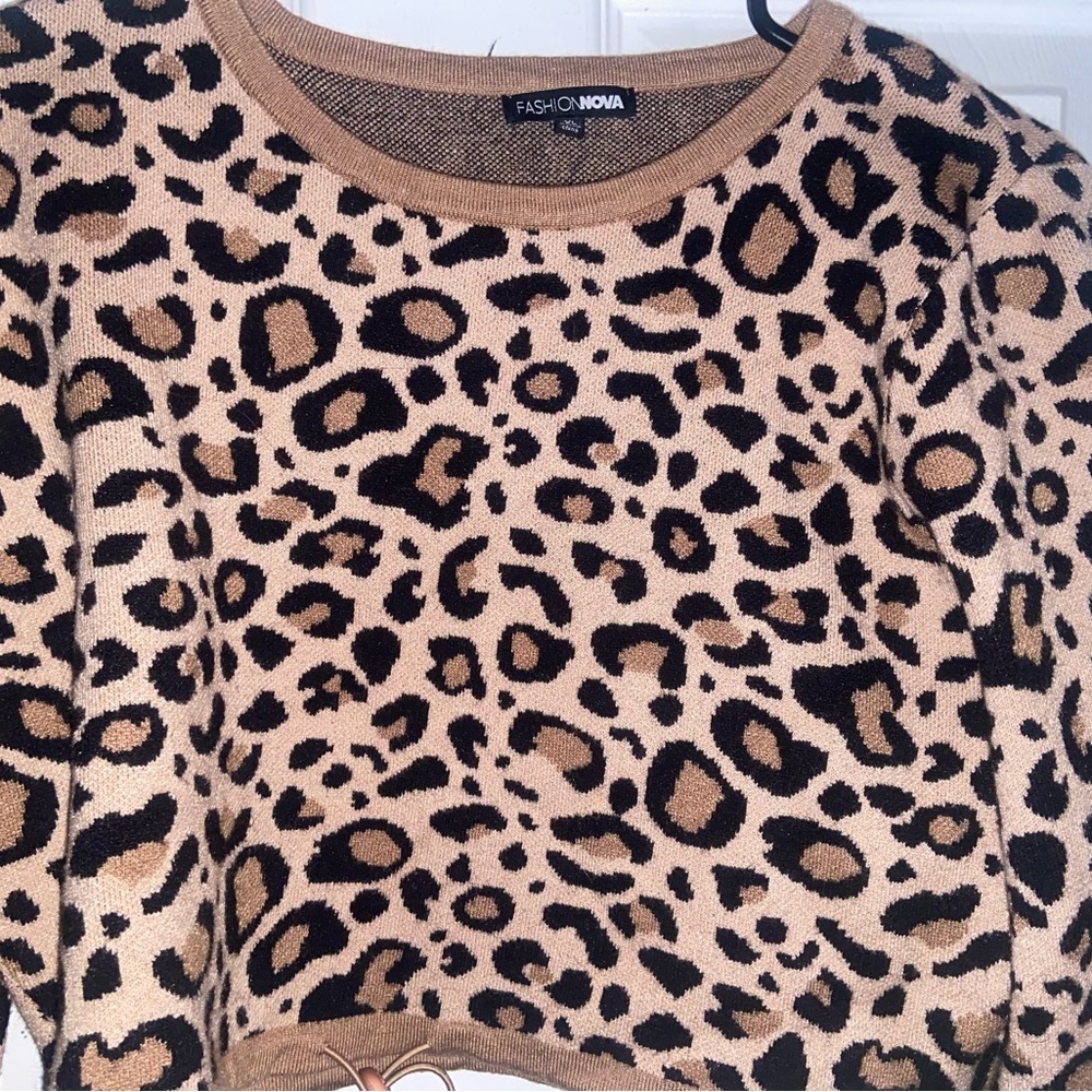 Tan and Black Crew Neck Leopard Crop Top Sweater